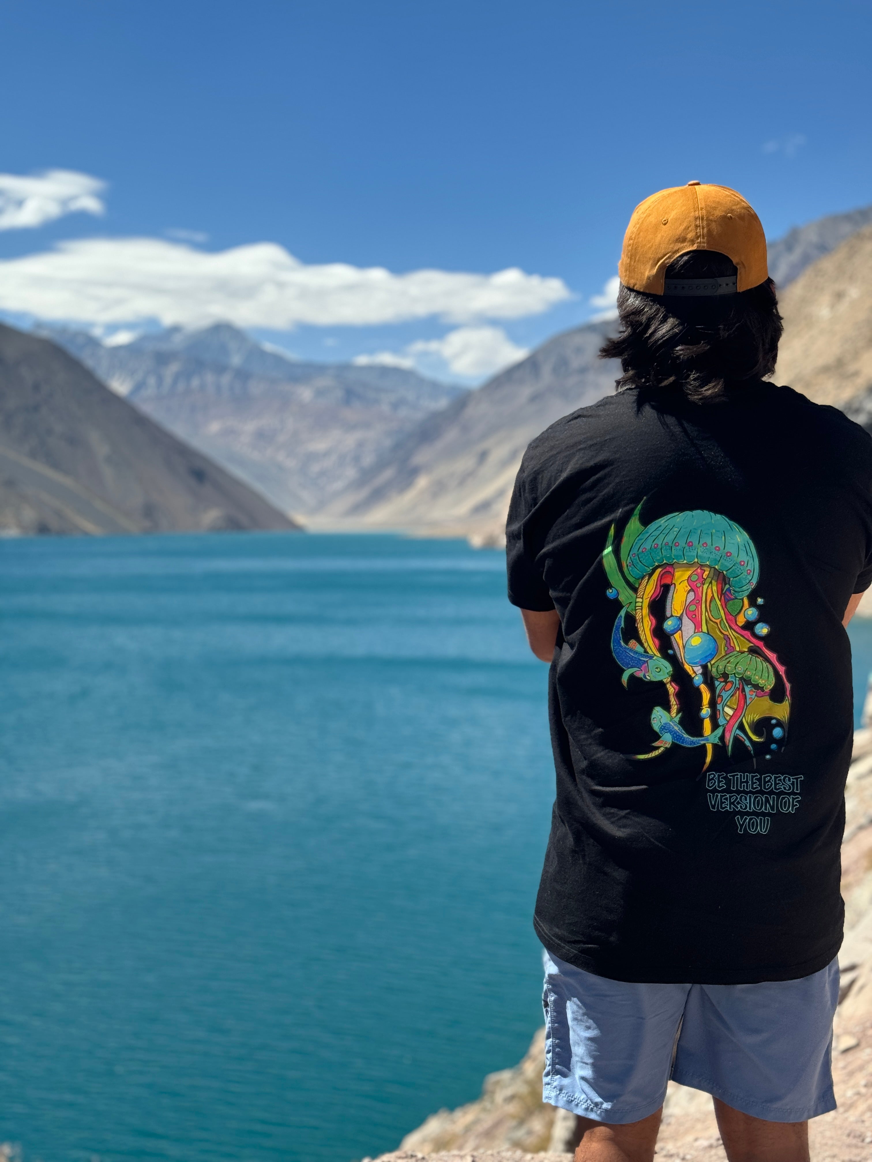 Altiplano Jellyfish Drift tee by a mountain lake