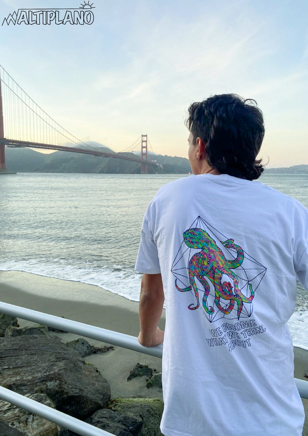 Altiplano Octopus Tide tee worn at the Golden Gate, San Francisco